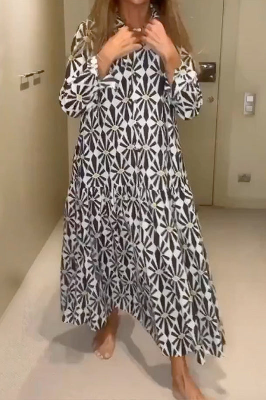Printing Long Sleeves Loose V-neck Maxi Dresses