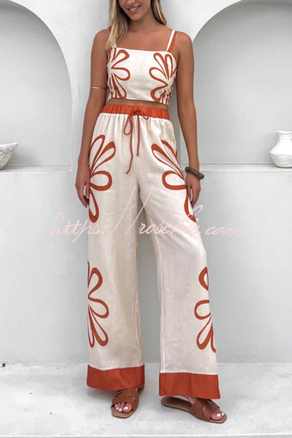 Print Suspender Back Pleated Top and Elastic Waist Drawstring Pants Set