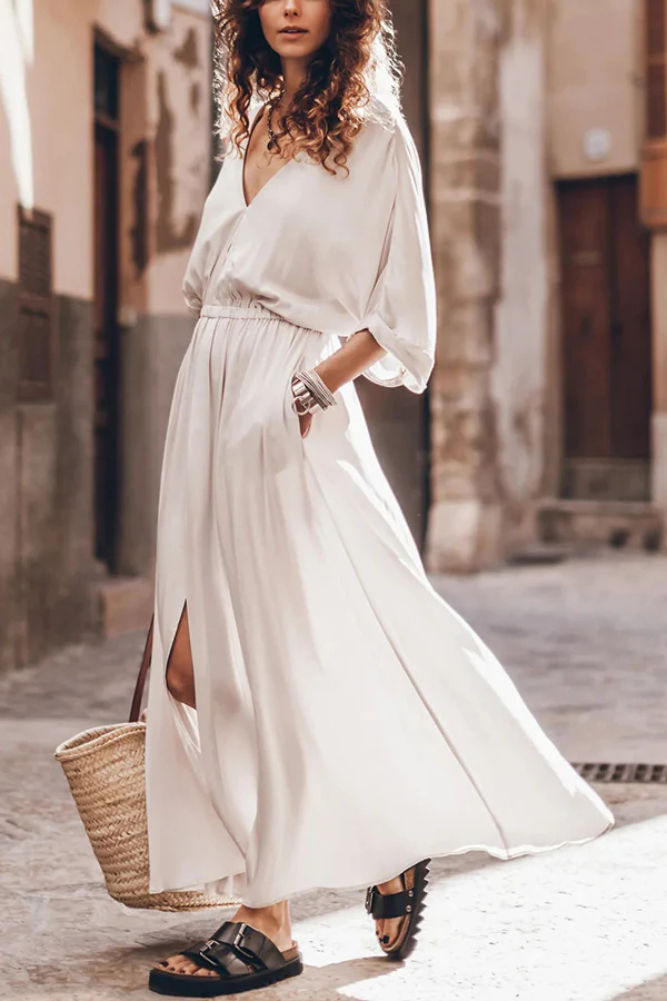 Soft and Kimono Sleeve Stretchy Waist Pocketed Slit Maxi Dress