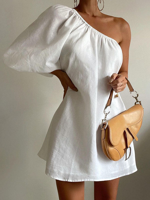 Loose Three-quarter Sleeves Asymmetric Elasticity Color One-shoulder Mini Dresses