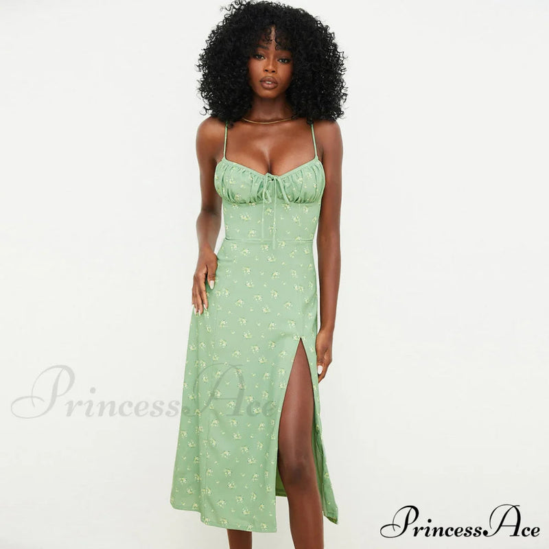 Daisy Printed Puff Sleeve High Classic Slit Smock Maxi Sundress - White
