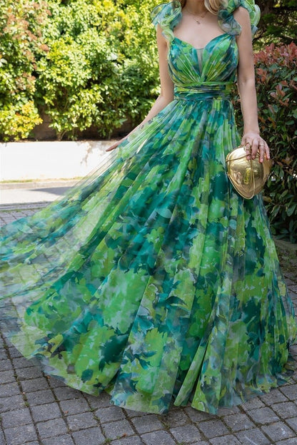 Dana Printed Ruffle Chiffon Maxi Dress