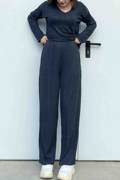 V Neck Ribbed Long Sleeve Two-piece Set