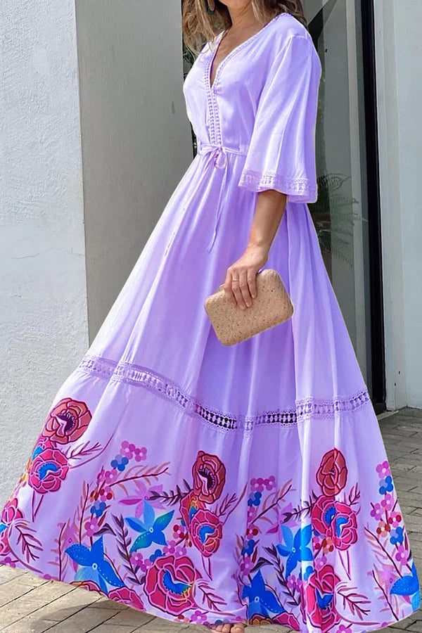 Unique Printed Lace Patchwork Lace Up Maxi Dress
