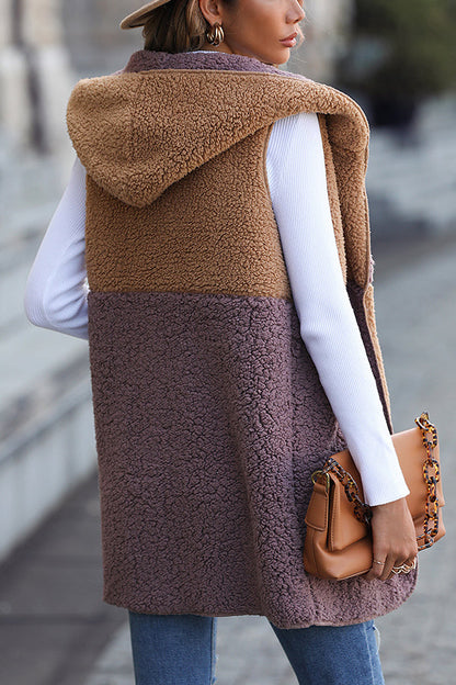 Hooded Sleeveless Colorblock Pocket Buttonless Mid-length Cardigan Puff Velvet Jacket