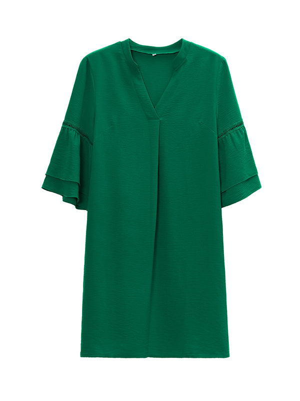 Loose Short Sleeves Falbala Color V-neck Mini Dresses