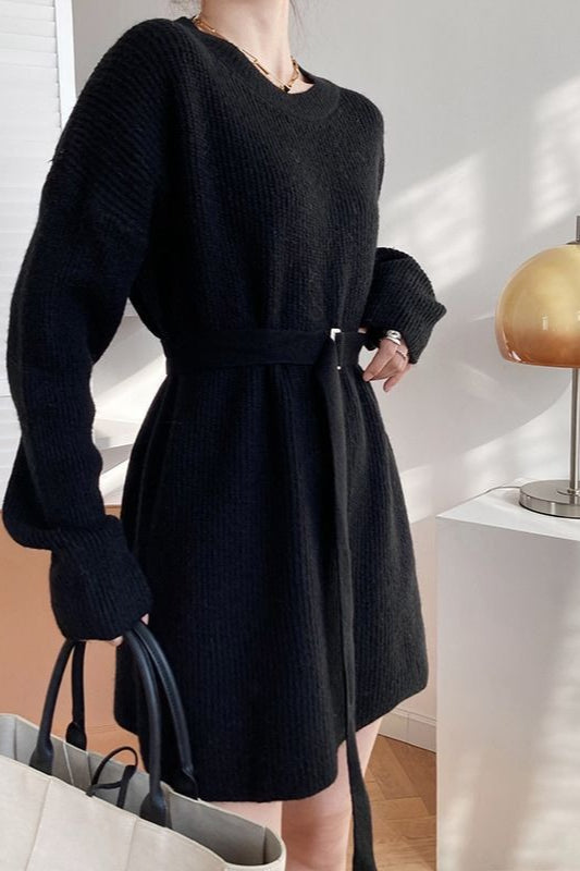 French Style Tie-waist Knit Mini Dress