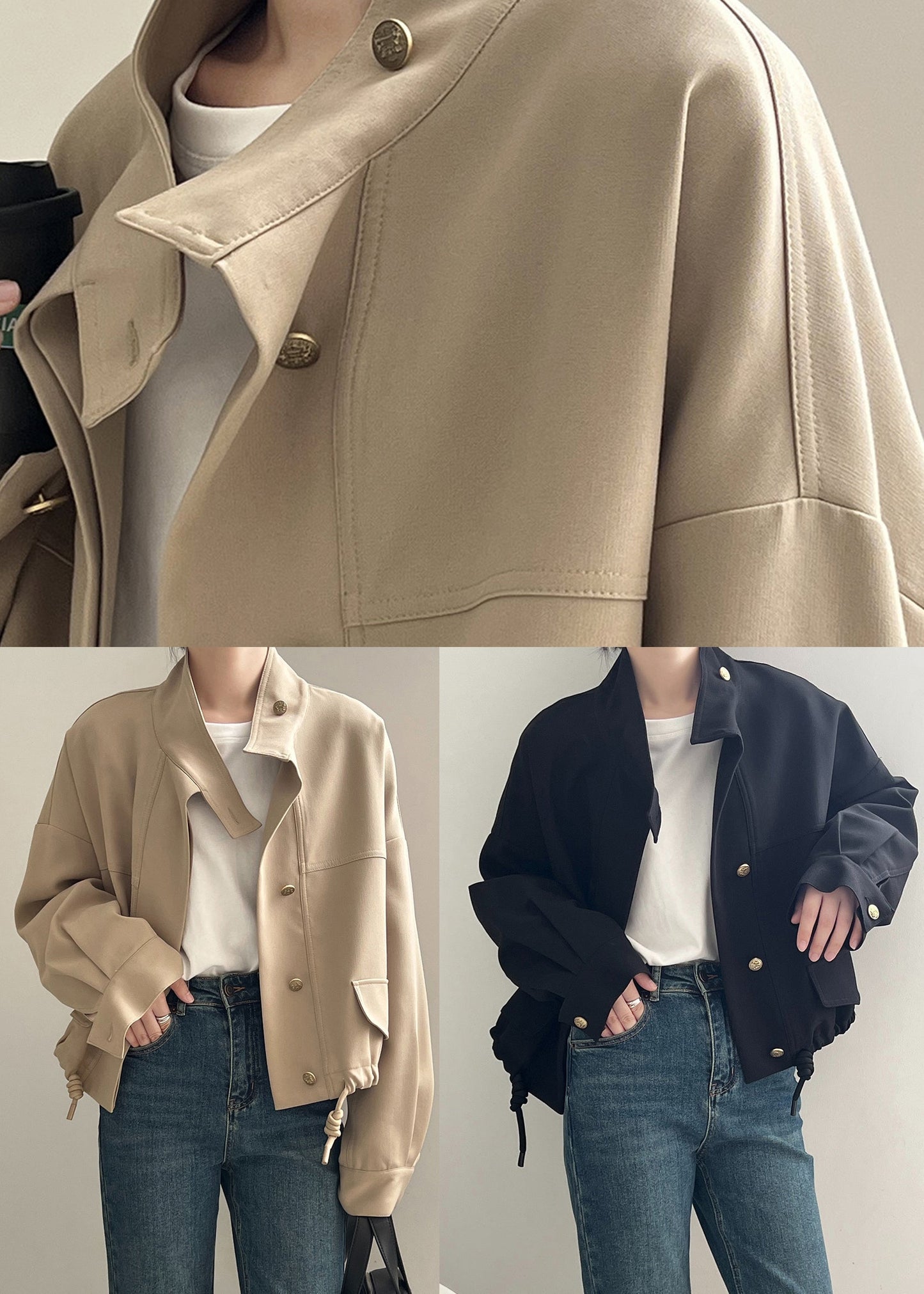 Khaki Stand Collar Drawstring Cotton Coat Outwear Fall Af1013