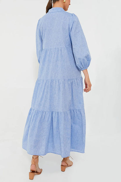 Color Lapel Elastic Cuffs Loose Maxi Dress