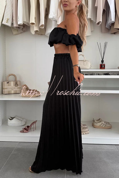 Jorie Satin Off Shoulder Puff Sleeve Crop Top and Elastic Waist Pleated Wide Leg Pants Set