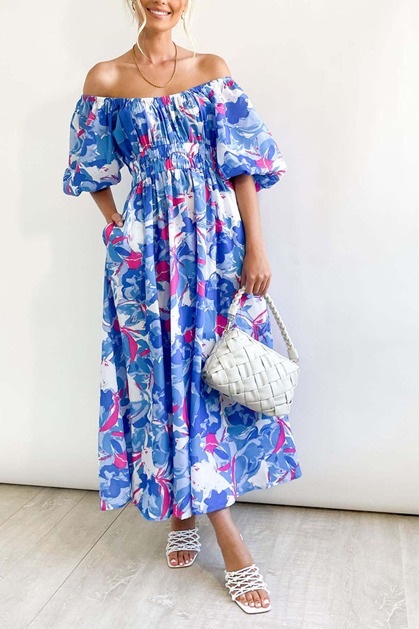 Square Neck Printed Puff Sleeve Long Dress