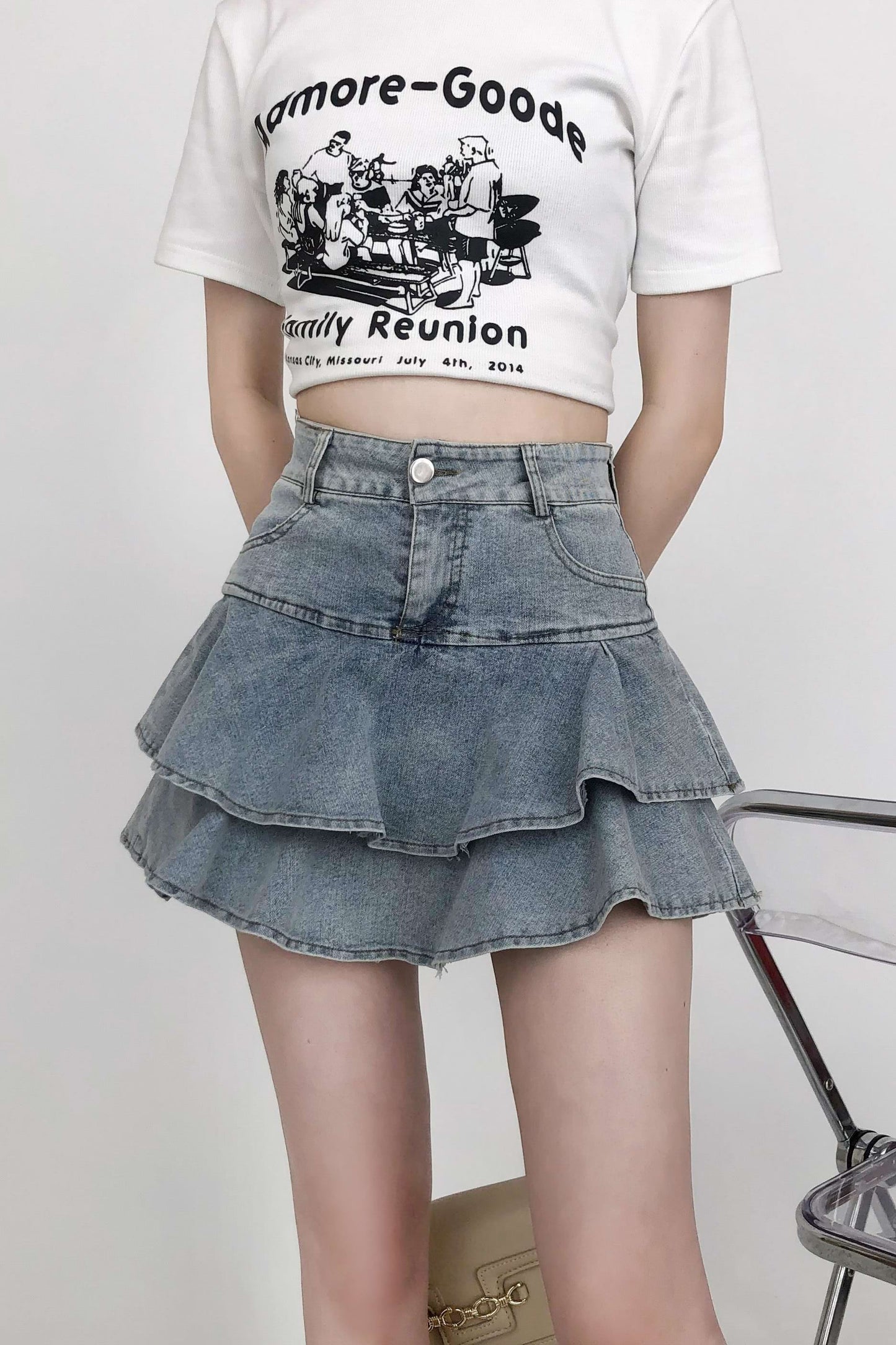 Layered Denim Ruffle Mini Skirt