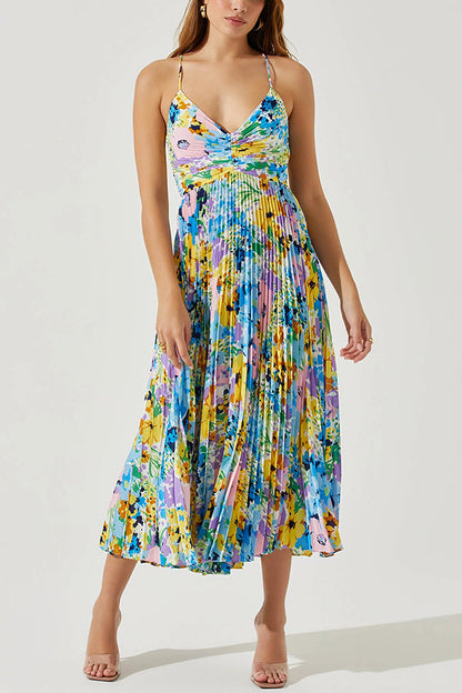 Wedding Party Season Print Pleated Back Tie-up Midi Dress