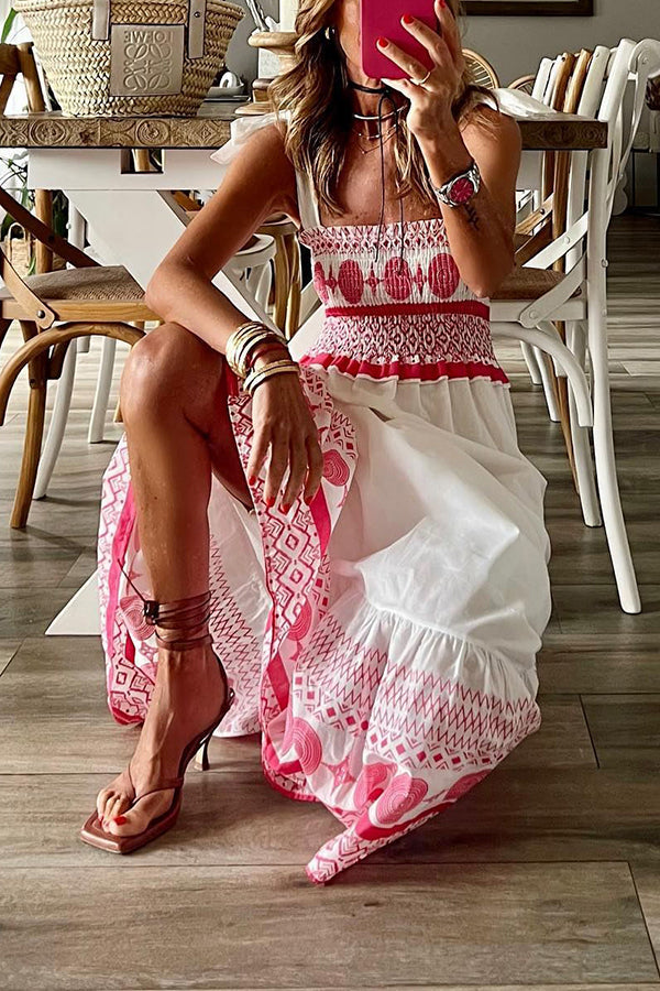 Malibu Villa Printed Smocked Shoulder Tie Maxi Dress