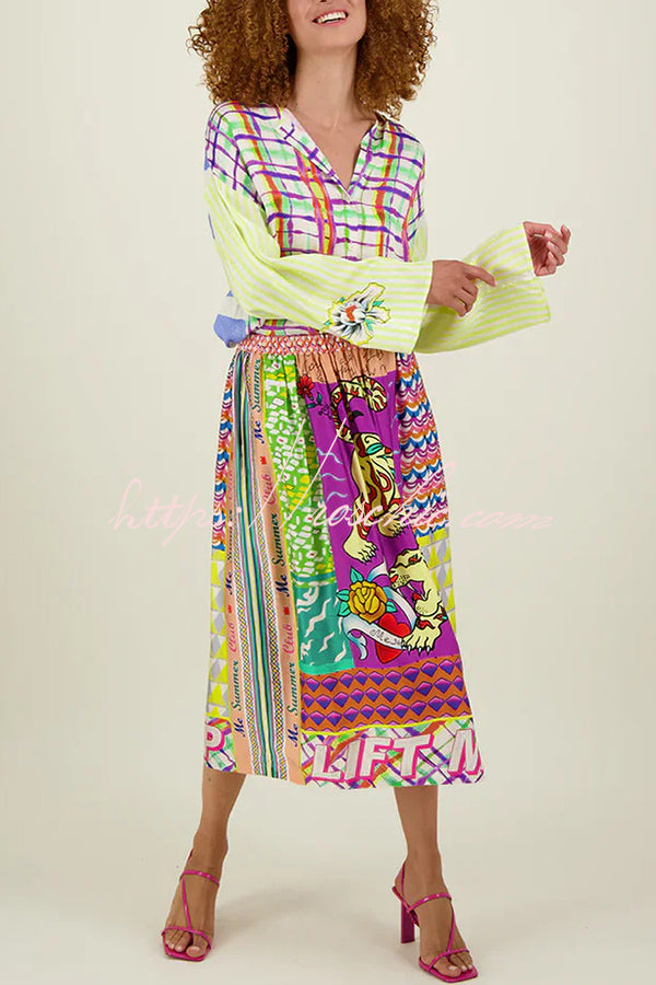 Satin Colorful Unique Print Elastic Waist Pocket Vacation Midi Skirt