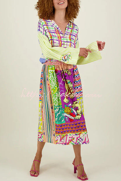 Satin Colorful Unique Print Elastic Waist Pocket Vacation Midi Skirt