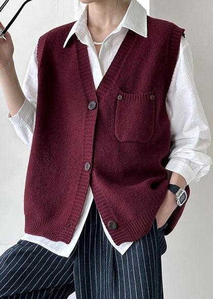 Wine Red Pockets Cozy Knit Waistcoat V Neck Fall Af1022
