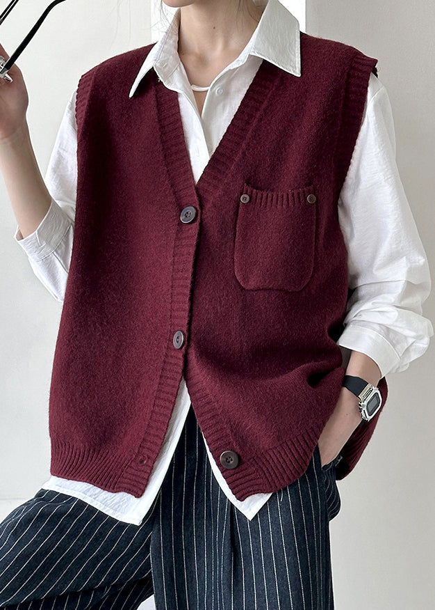 Wine Red Pockets Cozy Knit Waistcoat V Neck Fall Af1022