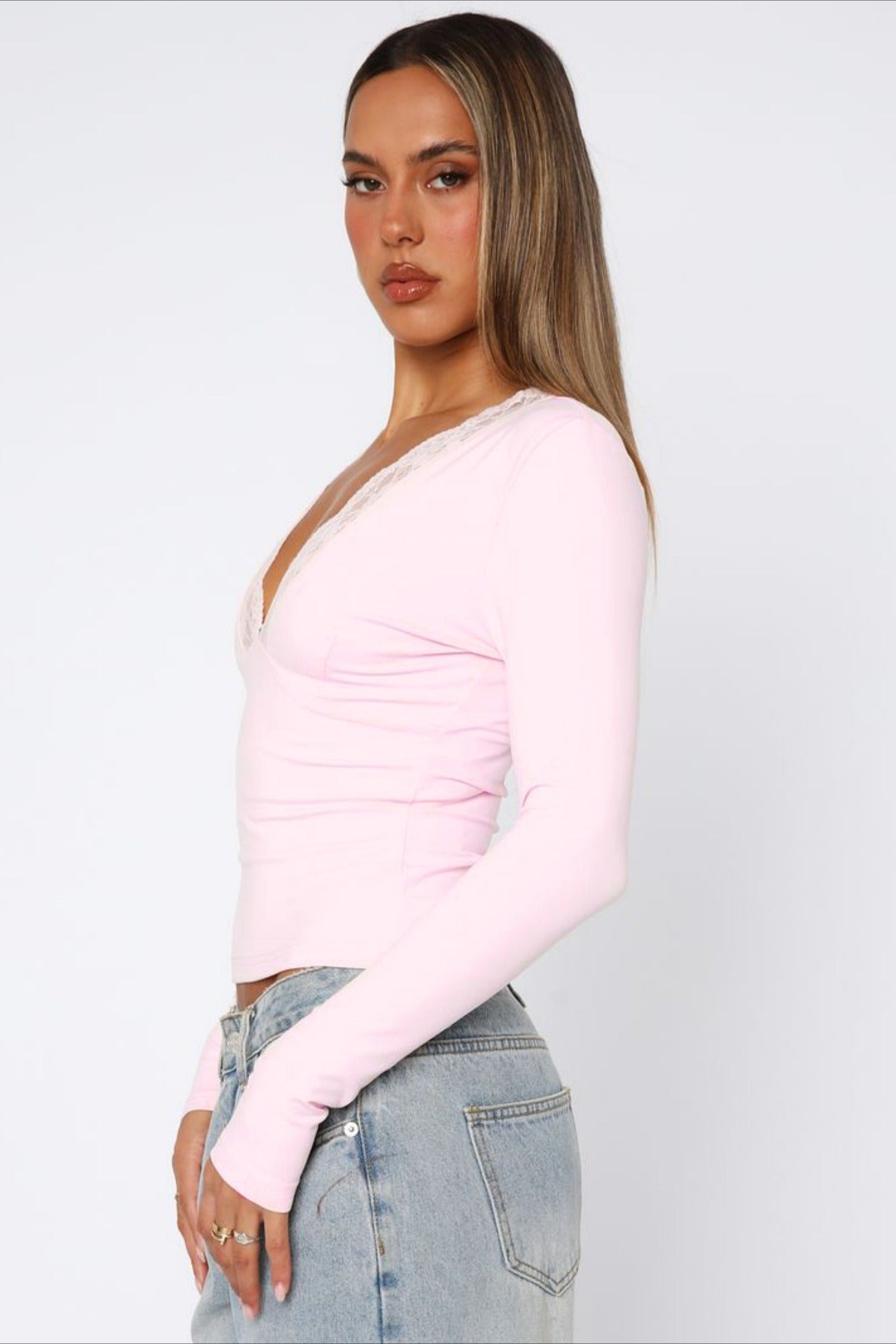 V Neck Lace Slim Blouse