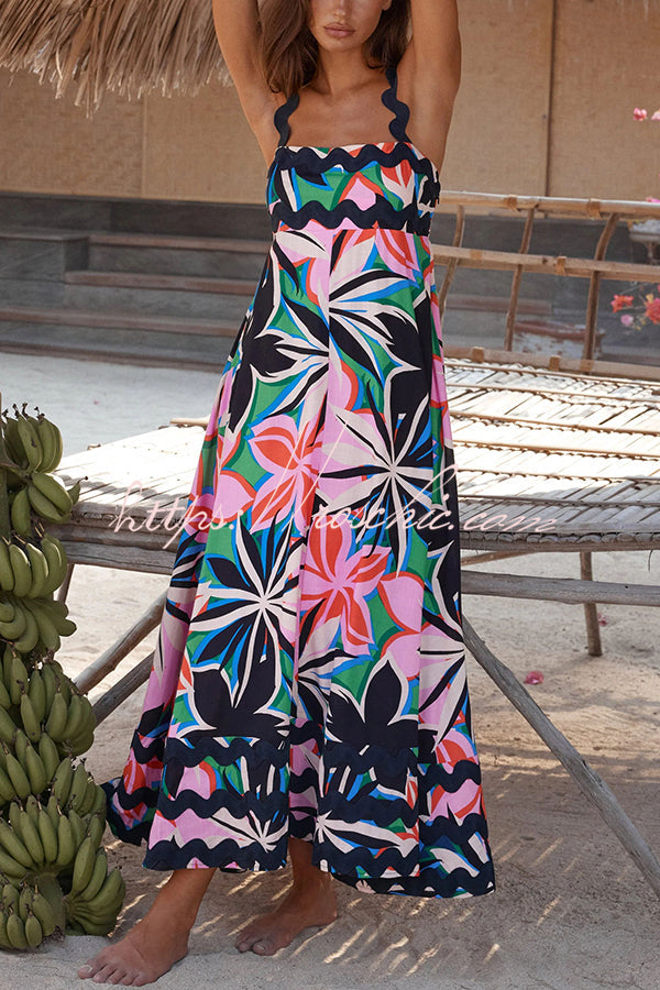 Vivi Print Wavy Suspender Side Zip Maxi Dress