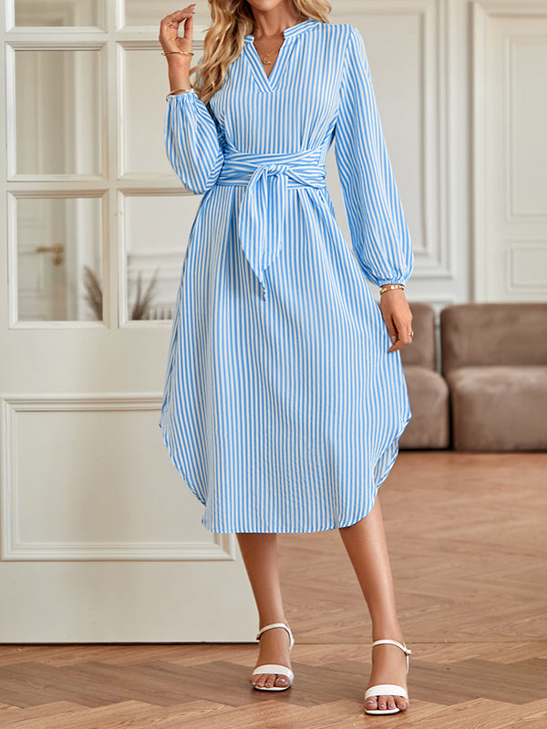 A-line Long Sleeves Striped Tied Waist V-neck Midi Dresses Shirt Dress