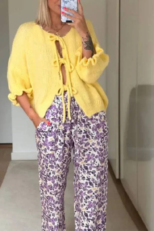 Lace Up Bow Flared Sleeve O-neck Cardigan Sweater