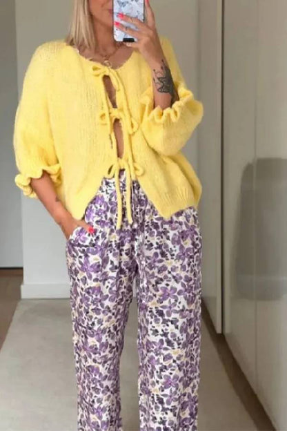 Lace Up Bow Flared Sleeve O-neck Cardigan Sweater