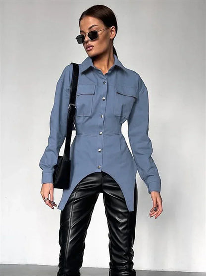 Lapel Patchwork Shirts for Slim Long Sleeve Pocket High Waist Autumn Cardigan Shirts