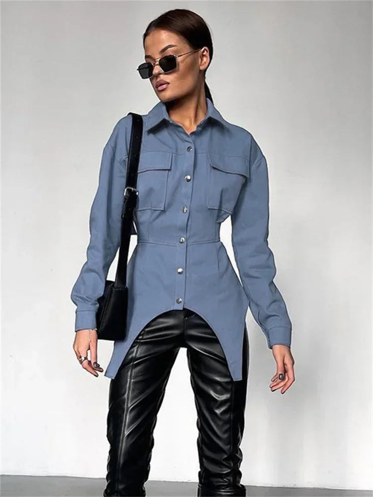 Lapel Patchwork Shirts for Slim Long Sleeve Pocket High Waist Autumn Cardigan Shirts