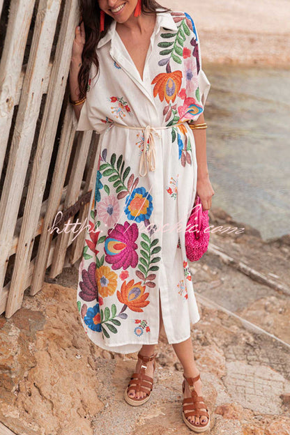 Plant Print Lapel Short Sleeve Waist Tie Loose Vacation Midi Dress