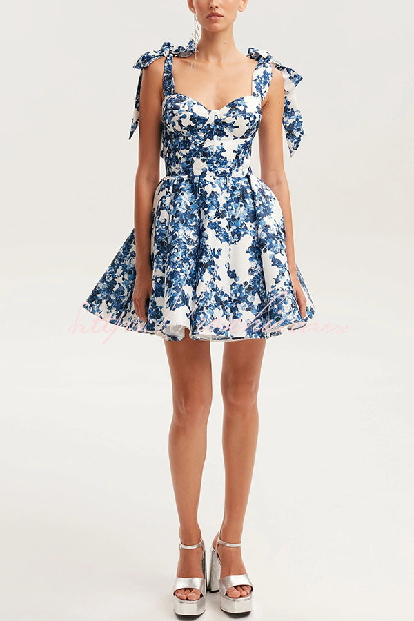 Garden of Eden Print Bow Straps Princess Flared Mini Dress