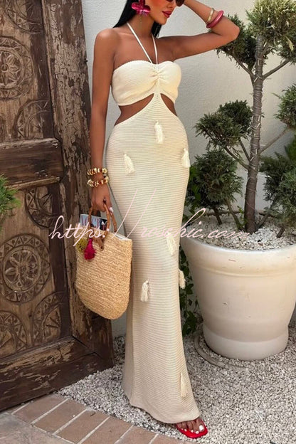 Halterneck Waist-baring Tassel-embellished Knitted Maxi Dress