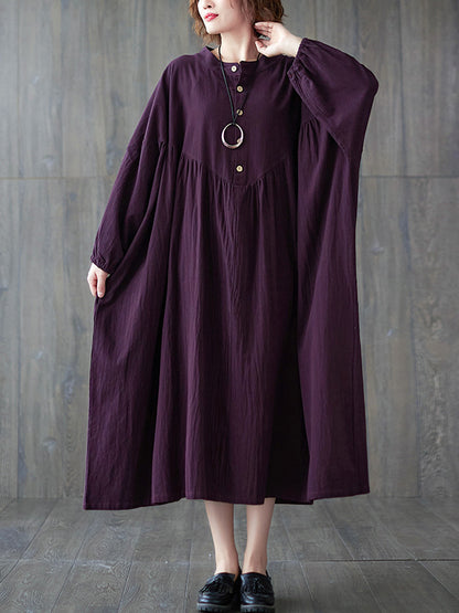 Loose Puff Sleeves Pleated Color Stand Collar Midi Dresses