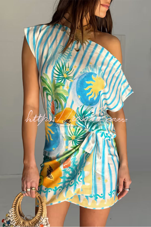 See You in Rio Tropical Fruits Print Wrap Tie-up Mini Skirt