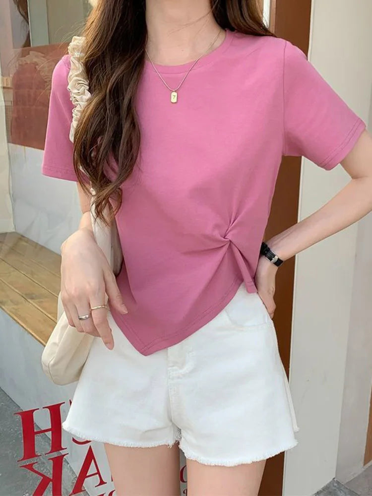 Y2k Irregular T-shirt Summer Skinny T Shirt Femme Short Sleeve Korean Kpop Slim O-neck Tshirt Woman Clothes Top