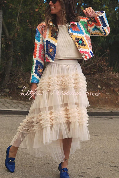 Mood Tulle Pleated Ruffle Elastic Waist Tiered Midi Skirt