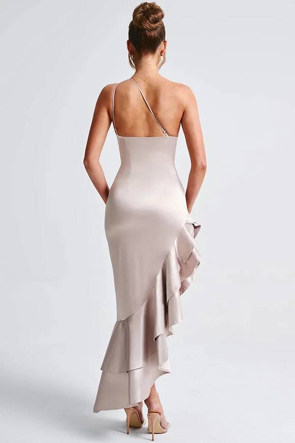 Yes I Do Satin One Shoulder Ruched Slit Ruffles Maxi Dress