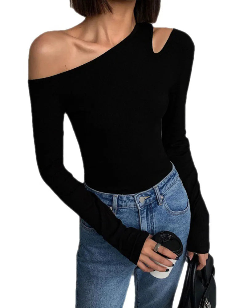 Skew Collar Off-shoulder Long-sleeved T-shirts Spring New Slim Fit Crop Top Hollow Out Tees Shirts