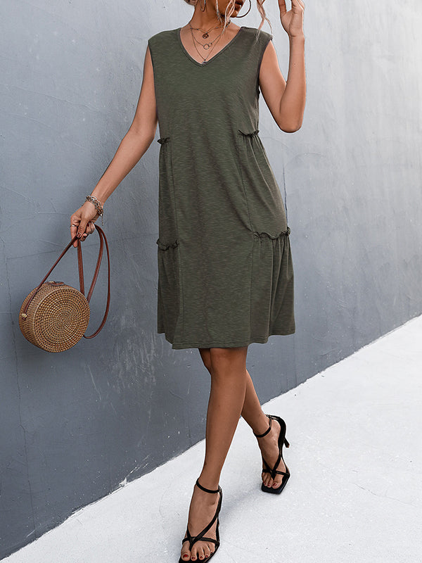 A-line Loose Pleated Color Split-joint V-neck Midi Dresses