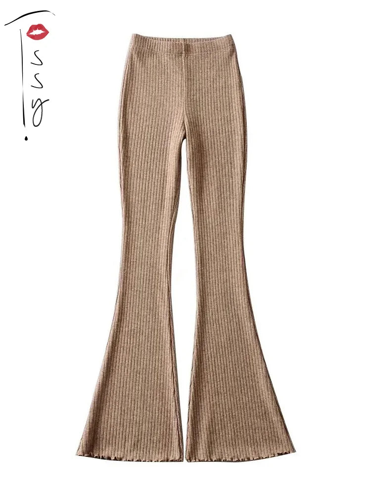 Knitted High Waist Flare Pants for Ribbed Leggings Female Stretchy Bodycon Trousers