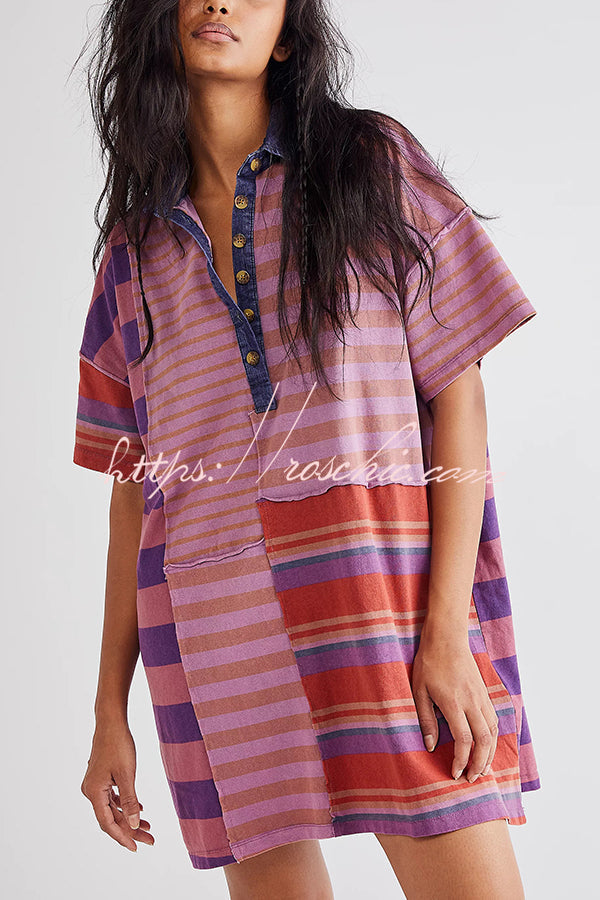 Contrast Striped Patchwork Denim Lapel Loose Mini Dress