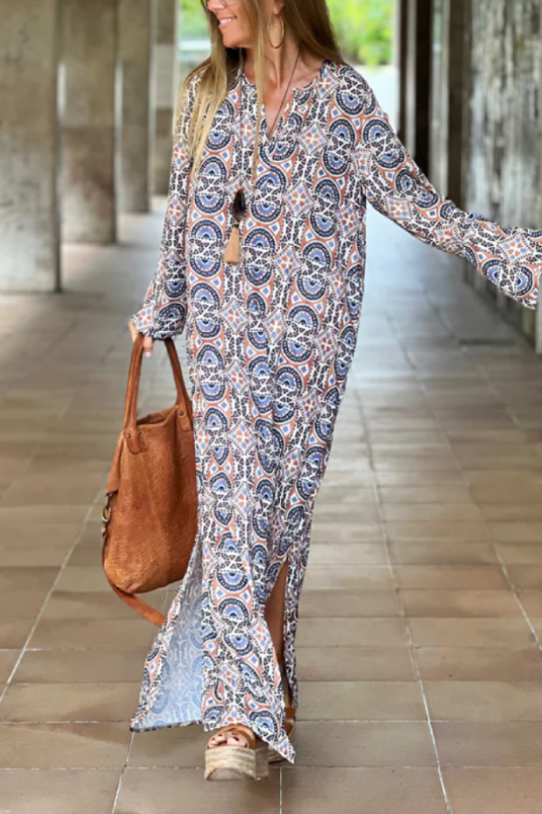 Slit Printed Loose V-neck Long Dress