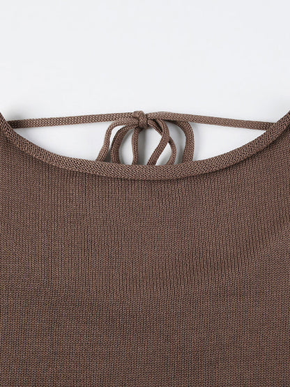 Brown Round-neck Back Cross Hollow Lace-up Long Bell Sleeve Sweater An1039