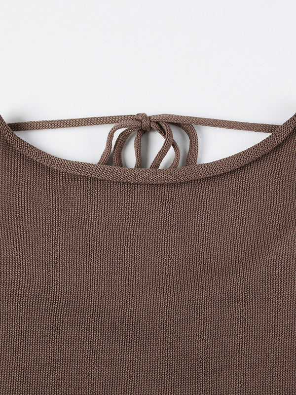 Brown Round-neck Back Cross Hollow Lace-up Long Bell Sleeve Sweater An1039