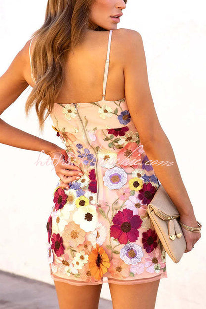 Dream World Embroidered Applique Adjustable Straps Mini Dress