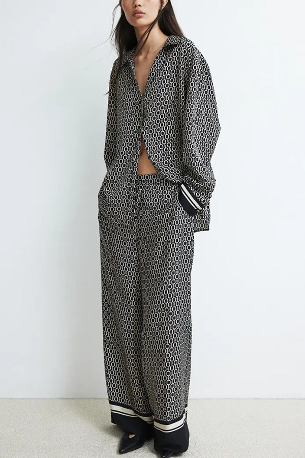 Unique Print Lapel Long Sleeve Loose Shirt and Elastic Waist Pocket Wide Leg Pants Set