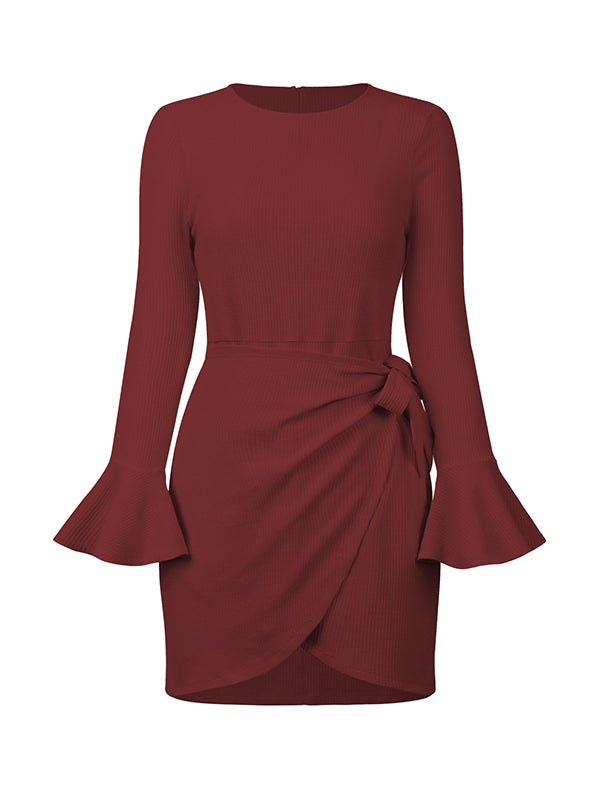 Simple Long Sleeves Skinny Tied Falbala Color Round-neck Mini Dresses