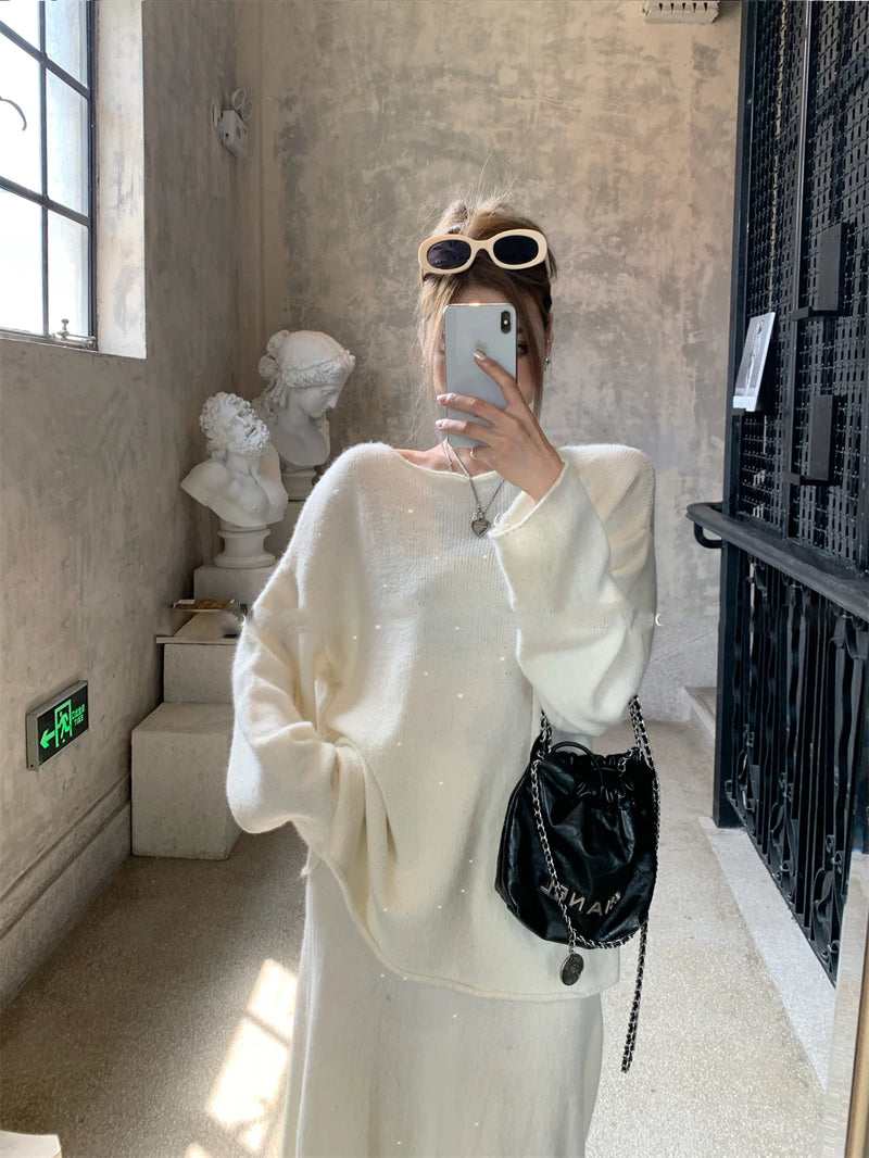 Soft Suits 2 Pieces Female Sets Slash Neck Sweater & Midi Dress Bling Knitted Tracksuit