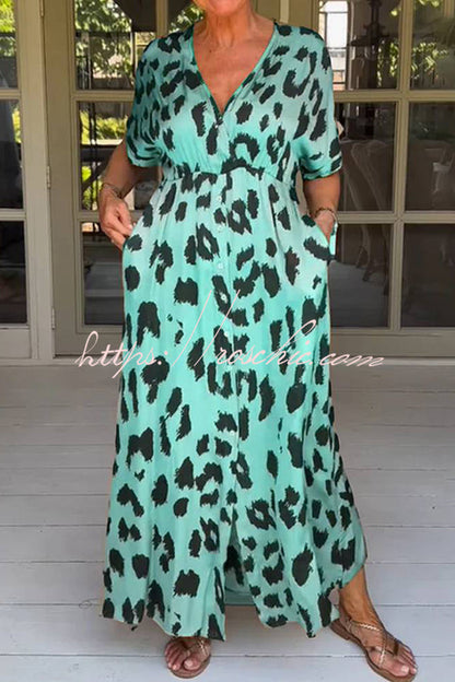 Leopard Print Loose V-neck Short-sleeved Pocket Midi Dress