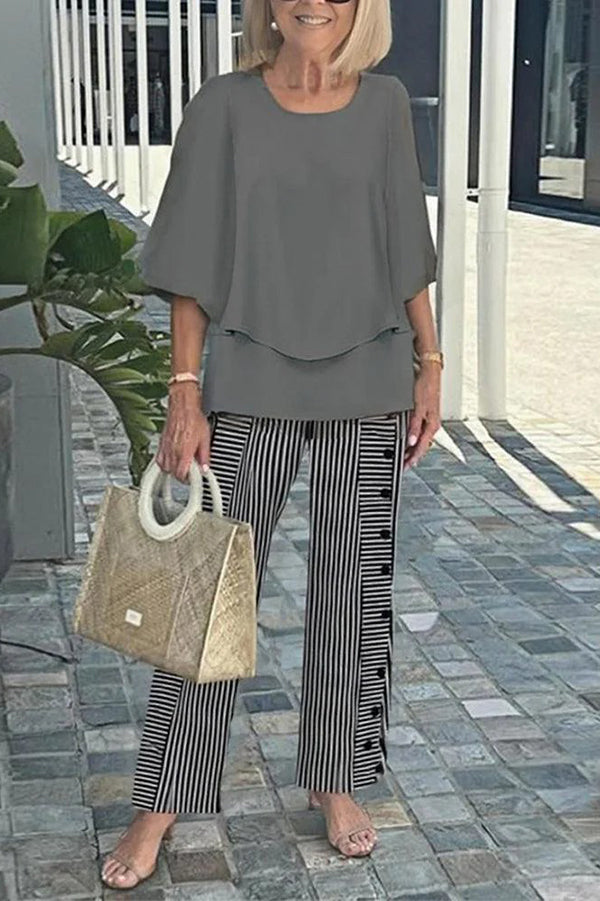 Round Neck Half Sleeve Loose Top and Elastic Waist Straight Pants Set